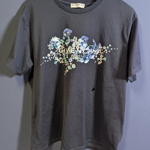 Givenchy Short Sleeve T-Shirt Men's Floral Print Logo, Size L, Hole in Front - Picture 4 of 5